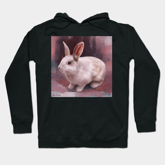 Painting of a Cute Fluffy White Rabbit on a Pink Shaded Background Hoodie by ibadishi
